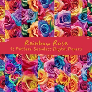 Rainbow Rose Pattern Seamless Digital Papers - printable scrapbook paper instant download, commercial use, 300dpi