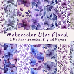 Watercolor Lilac Floral Pattern Seamless Digital Papers - printable scrapbook paper instant download, commercial use, 300dpi