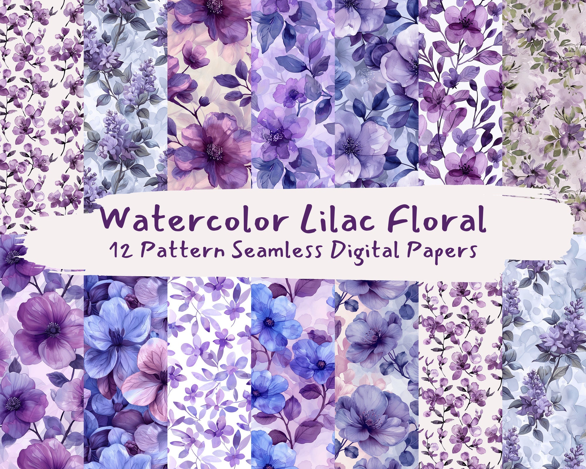 Watercolor Lilac Floral Pattern Seamless Digital Papers - Printable ...