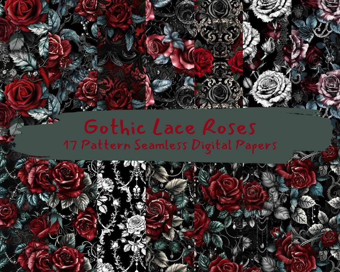 Gothic Lace Roses Pattern Seamless Digital Papers - Printable Scrapbook ...