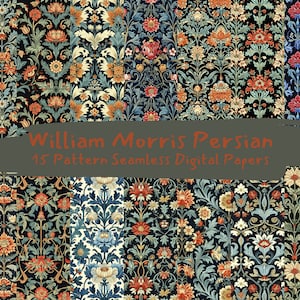 May include: A digital paper pack featuring 15 seamless patterns inspired by William Morris's Persian designs. The patterns feature intricate floral motifs in shades of red, orange, blue, green, and white on a dark background.