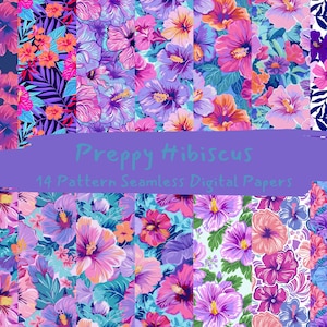 Preppy Hibiscus Pattern Seamless Digital Papers - printable scrapbook paper png instant download commercial use 300dpi