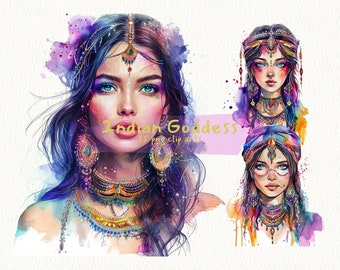 May include: Three watercolour illustrations of women with colourful Indian-inspired clothing and jewellery. The women have blue eyes and long dark hair. The text "Indian Goddess" is written in gold letters on a pink background.