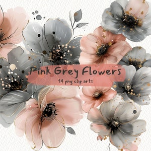 May include: A digital illustration of pink and grey watercolour flowers with gold accents. The text "Pink Grey Flowers 14 png clip arts" is in the centre of the image.