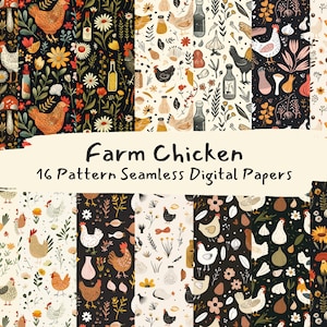 Peut inclure: Un ensemble de 16 papiers numériques avec des motifs sans couture de poulets de ferme, de fleurs et d'autres éléments liés à la ferme. Les motifs sont dans une variété de couleurs, y compris le noir, le blanc, le rouge, le jaune, le vert et le bleu.