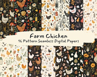 Farm Chicken Pattern Seamless Digital Papers - printable scrapbook paper instant download, commercial use, 300dpi