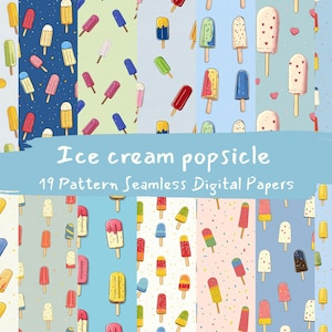 Könnte beinhalten: Ein Set mit 19 digitalen Papieren mit bunten Eis am Stiel-Mustern. Die Muster umfassen verschiedene Farben, Formen und Designs von Eis am Stiel, wobei einige Muster auch Streusel enthalten.