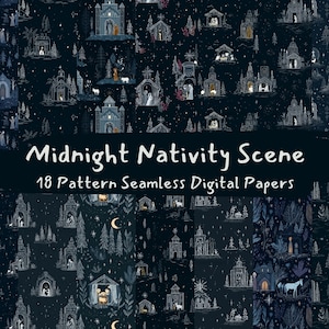 May include: A dark blue digital paper design with a repeating pattern of nativity scenes, churches, and trees. The text "Midnight Nativity Scene" and "18 Pattern Seamless Digital Papers" are displayed in white. The overall theme is a Christmas or holiday design.