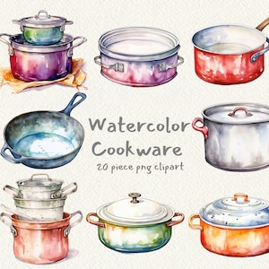 May include: Watercolor illustration of a set of colorful cookware, including pots, pans, and lids. The set includes a variety of sizes and styles, and the colors are bright and vibrant. The illustration is perfect for use in a variety of projects, such as scrapbooking, card making, and digital design.