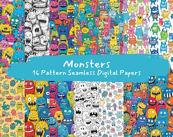 Papiers numériques sans couture de motif de monstres - téléchargement immédiat de papier de scrapbooking imprimable, usage commercial, 300dpi