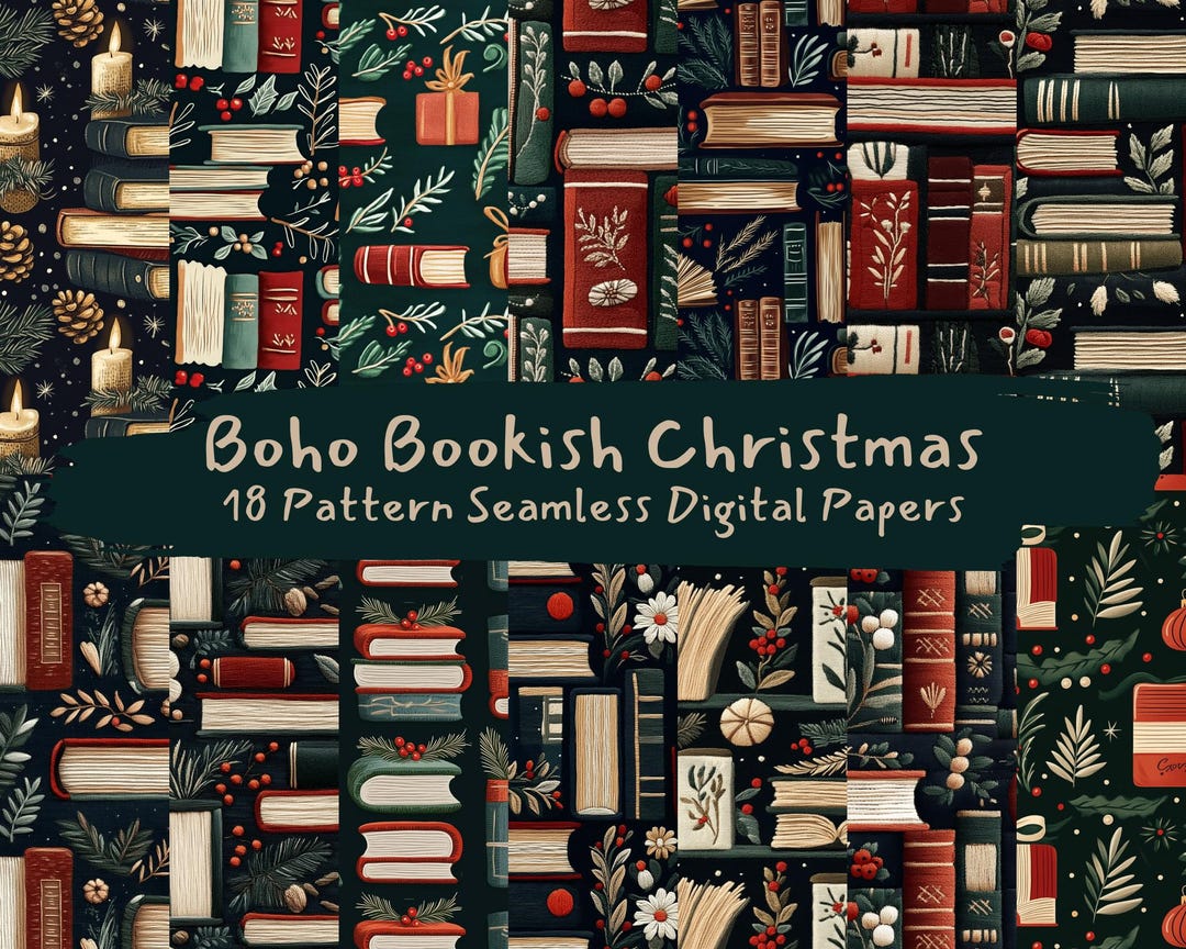 Boho Bookish Christmas Pattern Seamless Digital Papers - Printable ...