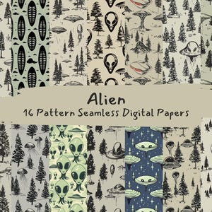 Peut inclure: Un ensemble de 16 papiers numériques avec des motifs sans couture sur le thème des extraterrestres. Les motifs comprennent des extraterrestres, des vaisseaux spatiaux, des étoiles et des arbres en noir et blanc sur un fond beige clair.