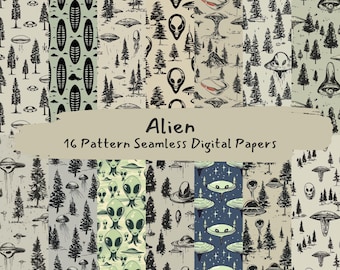 Puede incluir: Un conjunto de 16 papeles digitales con patrones sin costuras con temática extraterrestre. Los patrones incluyen extraterrestres, naves espaciales, estrellas y árboles en blanco y negro sobre un fondo beige claro.