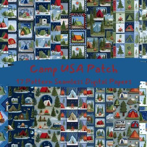 Puede incluir: Un collage de patrones de papel digital con escenas de camping. Los diseños incluyen tiendas de campaña, fogatas, árboles y autocaravanas en varios colores. El texto "Camp USA Patch" y "17 Pattern Seamless Digital Papers" se muestra en una pancarta azul.