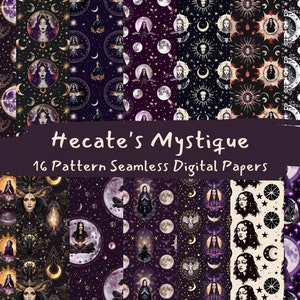 May include: A digital paper pack with 16 seamless patterns featuring a dark purple background with gold, white, and black accents. The patterns include moons, stars, and a woman with a crown. The text "Hecate's Mystique 16 Pattern Seamless Digital Papers" is at the top of the image.