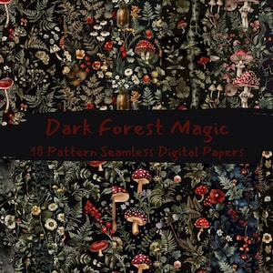 Puede incluir: Una colección de 18 papeles digitales sin costuras con un tema de bosque oscuro. Los diseños presentan setas, flores y follaje en tonos de rojo, blanco y verde sobre un fondo negro. El texto en la imagen dice "Dark Forest Magic".