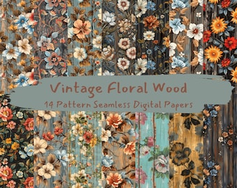 Vintage motif floral bois sans couture papiers numériques - imprimable scrapbooking papier png téléchargement immédiat usage commercial 300dpi