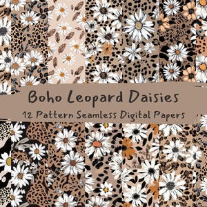 May include: A set of 12 digital papers featuring seamless patterns of white daisies and brown leopard print. The patterns are perfect for crafting, scrapbooking, and digital design projects.