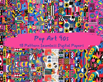 Papeles digitales sin costuras con estampados pop art de los años 90: papel imprimible para álbumes de recortes, descarga instantánea, uso comercial, 300 ppp