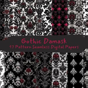 May include: A set of 17 digital papers featuring black and white damask patterns with red floral accents.  Gothic Damask 17 Pattern Seamless Digital Papers.
