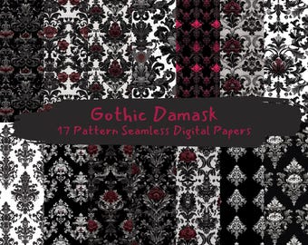 May include: A set of 17 digital papers featuring black and white damask patterns with red floral accents.  Gothic Damask 17 Pattern Seamless Digital Papers.
