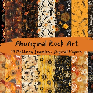 Könnte beinhalten: Ein Set mit 19 digitalen Papieren mit Mustern der australischen Aborigine-Felsmalerei. Die Muster sind in Schwarz, Weiß, Orange und Gelb auf einem strukturierten Hintergrund. Die Muster umfassen stilisierte Figuren, Tiere und geometrische Formen.