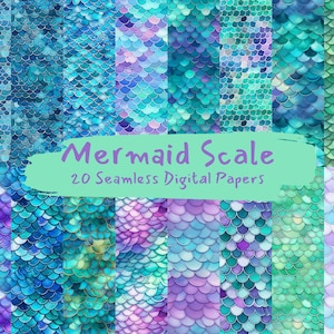 May include: 20 digital papers featuring a seamless pattern of blue, green, and purple mermaid scales. The papers are perfect for crafting, scrapbooking, and digital design.