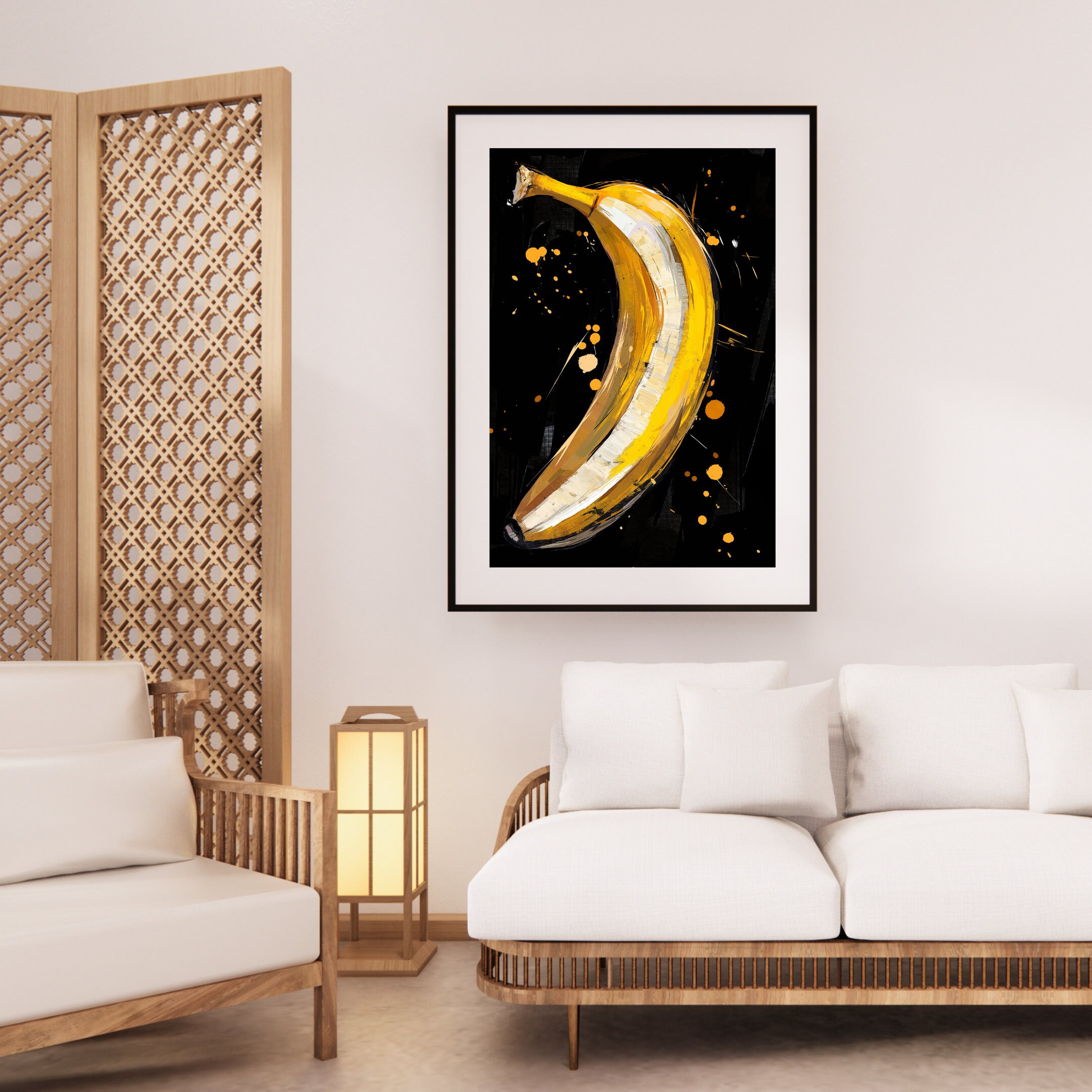 Striped Banana Closeup: Yellow and White Abstract Art - Modern