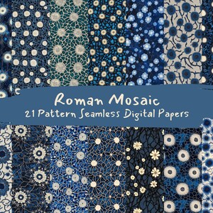 Puede incluir: Una colección de 21 papeles digitales sin costuras con un tema de mosaico romano. Los patrones presentan varios tonos de azul y blanco, con diseños florales y geométricos. El texto "Roman Mosaic" y "21 Pattern Seamless Digital Papers" se muestra en una pancarta azul.