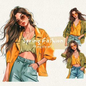 Frühlingsmode digital druckbare Clipart-Bundle im PNG-Format mit transparentem Hintergrund-Sofort-Download für kommerzielle Nutzung