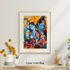 May include: A framed painting depicting a colourful, abstract interpretation of a Hindu deity, Shiva, with his consort Parvati and their son Ganesha. The painting features vibrant colours, geometric patterns, and intricate details.