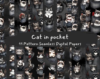 Cat in pocket Pattern Seamless Digital Papers - printable scrapbook paper png instant download commercial use 300dpi