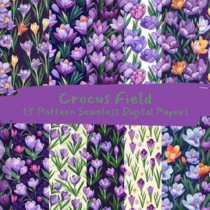 May include: A set of 15 digital paper patterns featuring a variety of crocus flowers in purple, yellow, and orange hues. The patterns are seamless and can be used for crafting, scrapbooking, and other creative projects.