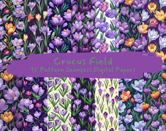 Pode incluir: Um conjunto de 15 padrões de papel digital com uma variedade de flores de açafrão em tons de roxo, amarelo e laranja. Os padrões são sem costura e podem ser usados para artesanato, scrapbooking e outros projetos criativos.
