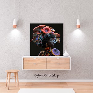 Majestic African Queen with Enchanted Fungal Aura - Vibrant Digital Art Printable, Instant Download, Ethereal Home Decor Wall Art