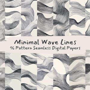 May include: A set of 16 digital papers featuring seamless patterns of black and white wavy lines. Minimal Wave Lines - 16 Pattern Seamless Digital Papers.