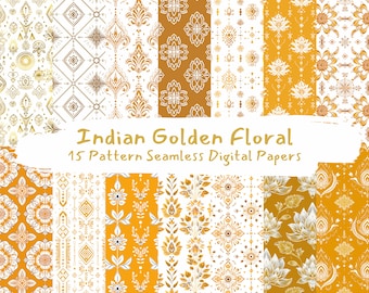 Indian Golden Floral Pattern Seamless Digital Papers - printable scrapbook paper instant download, commercial use, 300dpi