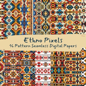 Op de afbeelding: Een set van 16 digitale papieren met gepixelde geometrische patronen in verschillende kleuren, waaronder rood, blauw, geel en zwart. De patronen zijn geïnspireerd op traditionele etnische ontwerpen en zijn perfect voor het maken van unieke achtergronden, textiel en andere ambachten.