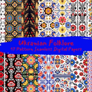 May include: A collection of 17 digital paper patterns featuring Ukrainian folklore designs. The patterns are colourful and feature traditional floral motifs, geometric shapes, and intricate details. The patterns are perfect for crafting, scrapbooking, and other creative projects.