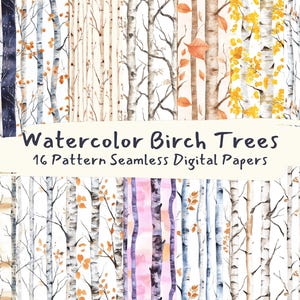 Aquarel berkenbomen patroon naadloze digitale papers - afdrukbaar plakboekpapier png instant download commercieel gebruik 300 dpi