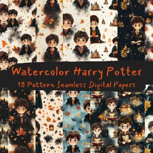 May include: 18 digital papers featuring watercolor illustrations of Harry Potter characters in various poses. The papers feature a variety of autumnal colors and patterns, including leaves, stars, and Hogwarts castle.