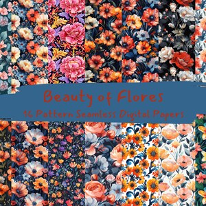 May include: A digital paper pack with 16 floral patterns. The patterns feature a variety of flowers in shades of red, orange, yellow, pink, and blue. The background colors are black, white, and blue. The text "Beauty of Flores 16 Pattern Seamless Digital Papers" is displayed on a blue banner.