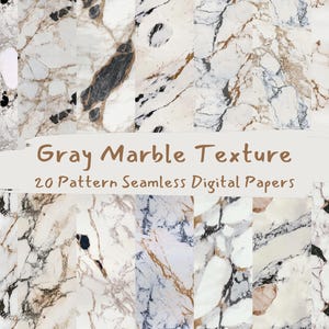 May include: A digital paper pack featuring 20 seamless patterns of gray marble textures. The patterns are in various shades of gray, white, and black, with subtle hints of brown and beige.