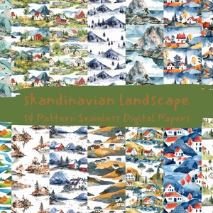 Skandinaviskt landskapsmönster sömlösa digitala papper - utskrivbart scrapbookpapper direktnedladdning, kommersiellt bruk, 300 dpi