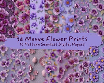 Papeles digitales sin costuras con estampado de flores malva en 3D: papel imprimible para álbumes de recortes, descarga instantánea, uso comercial, 300 ppp