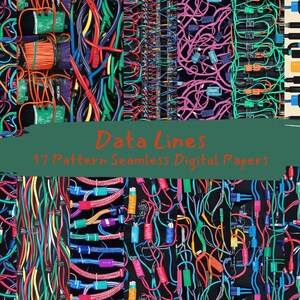 Op de afbeelding: Een digitaal papierpakket met 17 kleurrijke patronen met een close-up van verwarde draden en kabels. De tekst "Data Lines" en "17 Pattern Seamless Digital Papers" wordt weergegeven op een groene achtergrond.