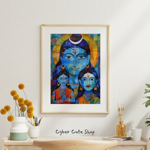 Divine Trio Shiva and Parvati Digital Wall Art - Vibrant Printable Instant Download Hindu Gods Decor - Spiritual Home Office Artwork