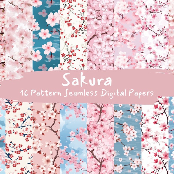 Sakura Pattern Seamless Digital Papers - tile patterns printable scrapbook paper instant download for commercial use, 300dpi