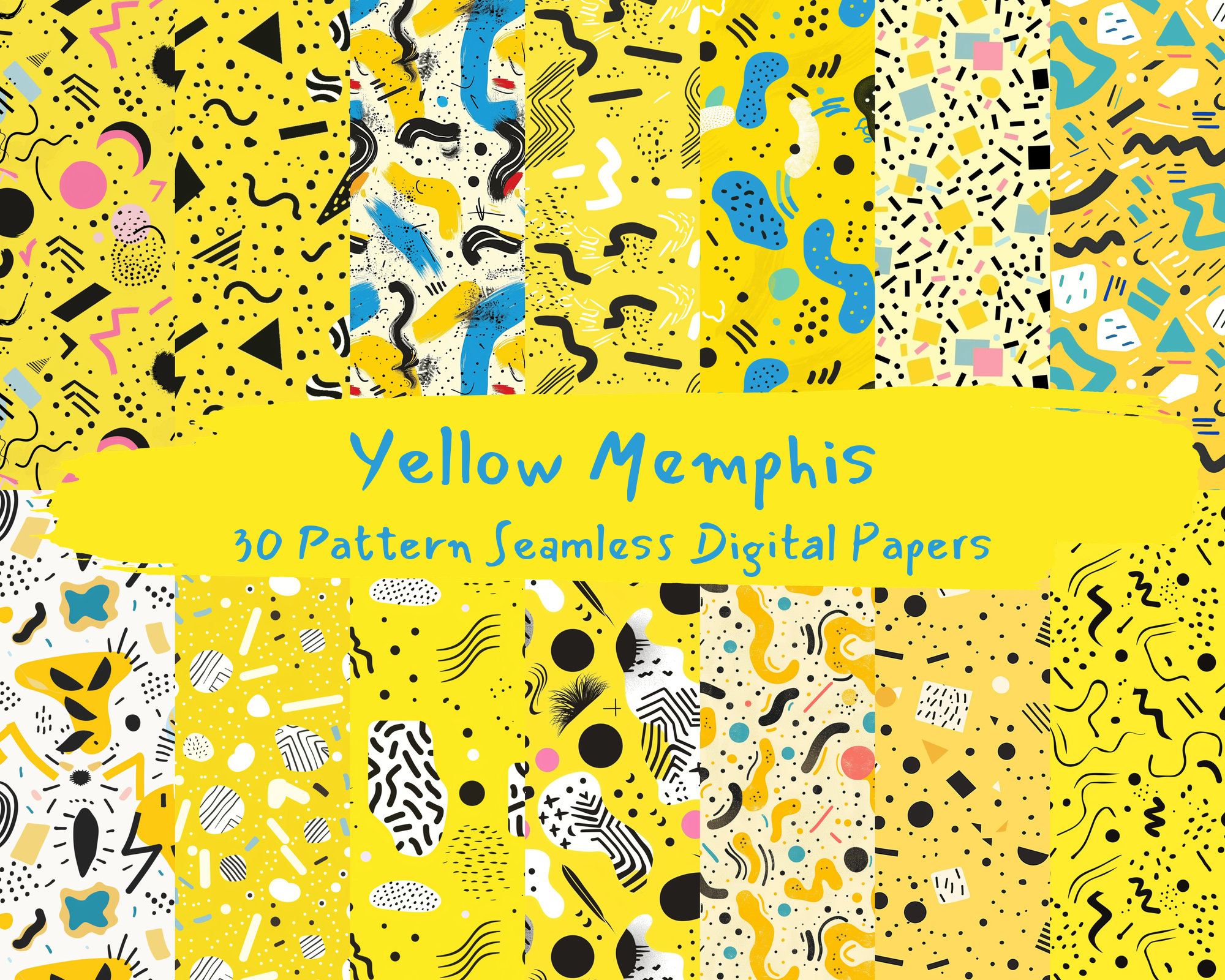 Yellow Memphis Pattern Seamless Digital Papers - Printable Scrapbook ...