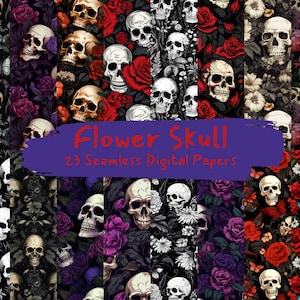 May include: A set of 23 digital papers featuring a seamless pattern of skulls and flowers. The patterns include red roses, purple flowers, and white daisies. The skulls are in various shades of gray and white.
